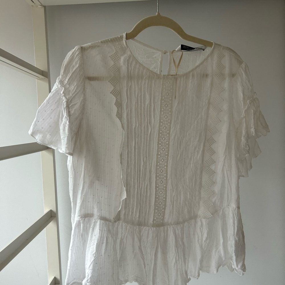 Zara Elegant White Lace Trim Blouse peplum